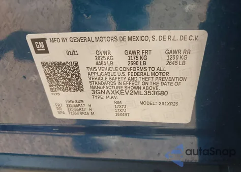 2021 Chevrolet Equinox Lt z USA, uszkodzony, nr VIN 3GNAXKEV2ML353680